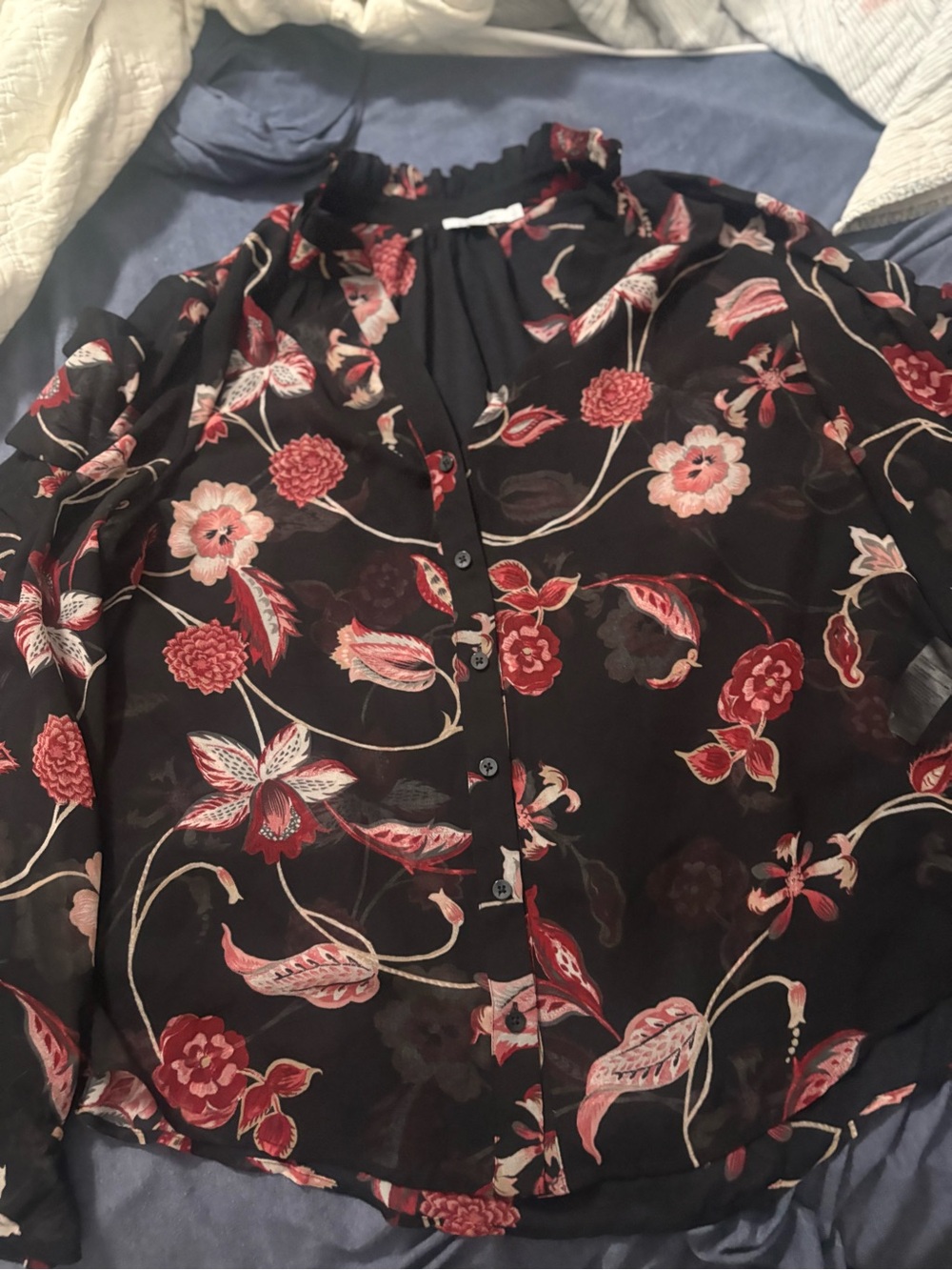 Chico's Black Sheer Floral Button-Front Blouse with Red and Pink Blossoms